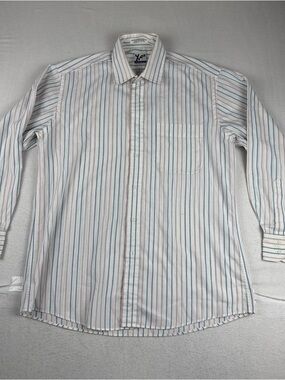 Yves Saint Laurent Mens Blue Pink White Striped Dress Shirt 16-32/33 Office READ